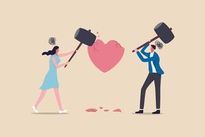 Marriage difficulties problem, divorce or violence or painful in broken relationship couple concept, angry couple husband and wife using big hammer to hit broken heart shape metaphor of family problem vector