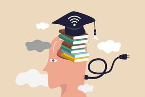 Online study, remote university or e-learning and internet teaching or online education concept, smart man with stacked of books insert into his brain with graduation hat with internet wifi signal. vector