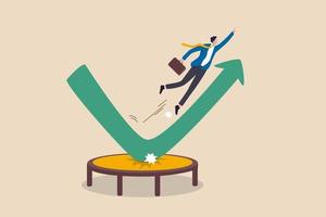 Stock market rebound, overcome business down fall and grow up profit or leadership and achievement concept, businessman jump bouncing high on trampoline with green rising up performance arrow graph. vector