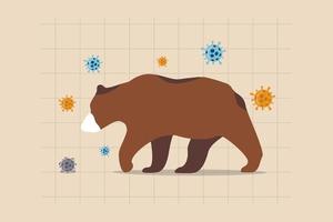 Bear market causing by Coronavirus COVID-19 world economic crisis, stock market crash by financial crisis concept, sad and depressed bear wearing face mask on stock price chart with virus pathogen. vector