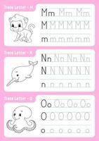 Writing letters m, n, o. Tracing page. Worksheet for kids. Practice sheet. Learn alphabet. Cute characters. Vector illustration. Cartoon style.