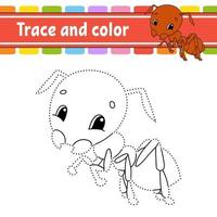 Dot to dot game ant. Draw a line. For kids. Activity worksheet. Coloring book. With answer. Cartoon character. Vector illustration.