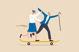 Happy retirement, active senior enjoy life after retire or health care and insurance for elderly aging society concept, happy elderly couple grandpa and grandmother enjoy life running on skateboard.