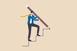 Business development successful, strategy to reach business target or career path achievement concept, smart businessman use huge pencil to draw rising up staircase and walk climbing up ladder. vector