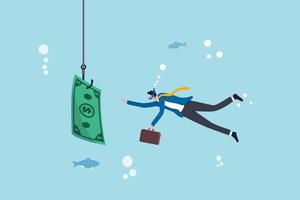 Investment risk or money trap, business fraud and cheating or financial pitfall and mistake concept, businessman diving into business ocean takes a bait to the hook fishing with money dollar banknote. vector