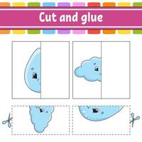 Cut and play. Paper game with glue. Flash cards. Education worksheet. Activity page. Funny character. Isolated vector illustration. Cartoon style.