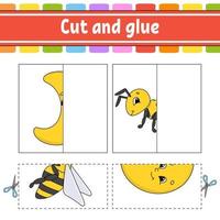 Cut and play. Paper game with glue. Flash cards. Education worksheet. Activity page. Funny character. Isolated vector illustration. Cartoon style.