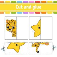 Cut and play. Paper game with glue. Flash cards. Education worksheet. Activity page. Funny character. Isolated vector illustration. Cartoon style.