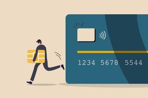 Credit card or debit card payment account fraud, hacker or criminal use phishing to steal online money, data or personal identity concept, thief in black steal smart ship from debit or credit card. vector