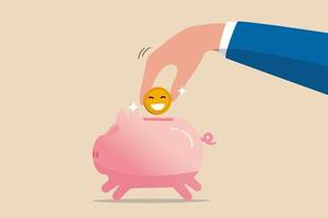 Money to buy happiness, saving for happy retirement or pay for happy lifestyle concept, hand holding golden shiny coin with happy smiling face put in pink piggy bank. vector