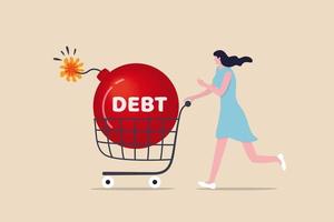 Over shopping, buy thing and pay more than revenue or income, household debt or financial loan and mortgage concept, young woman walk with shopping cart with big bomb with the word debt. vector