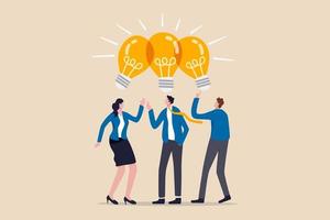 Sharing business ideas, collaboration meeting, sharing knowledge, teamwork or people thinking the same idea concept, smart thinking businessmen people office workers team up share lightbulb lamp idea. vector