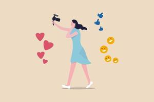 Blogger, vlog, influencer new digital age people broadcast or record their lifestyle to promote story on social media concept, beautiful young lady girl holding camera with love, like and happy sign. vector