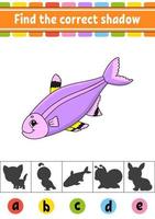 Find the correct shadow fish. Education developing worksheet. Activity page. Color game for children. Isolated vector illustration. Cartoon character.