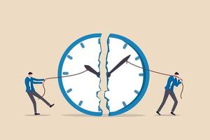 Time management, work deadline or planning for working time concept, businessman using rope to pull minute and hour hand to break the clock metaphor of effort to manage time for multiple projects. vector