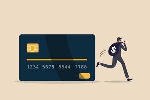 Credit card online hacking, online hacking or financial robbery concept, young mysterious thief with dark black robbery running with big bag with dollar sign money sign from credit card online payment