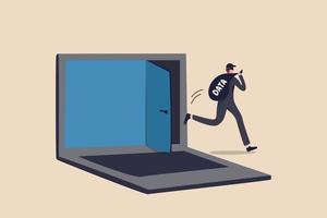 Computer hacker, cyber security, online ransomware or malware to steal personal data from computer, criminal man thief holding bag with the word DATA running away from secret door on laptop computer. vector