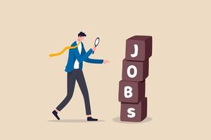 Searching for jobs, recruitment or opportunity for candidate to finding right work and employer, smart unemployed businessman using magnifying glass to looking at stack of boxes with the word Jobs. vector