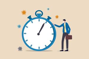 Time countdown for coronavirus COVID-19 outbreak to impact global economic and business shut down or quarantine concept, businessman wearing face mask standing with time counting down stop watch. vector