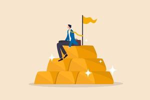 Gold investment, safe haven in financial crisis or wealth management and asset allocation concept, businessman success wealth manager, trader or rich investor sitting on stack of gold bar bullion. vector