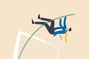 Business goal achievement, success solving business problem or succeed survive on financial crisis concept, successful confident businessman leader jumping pole vault. vector