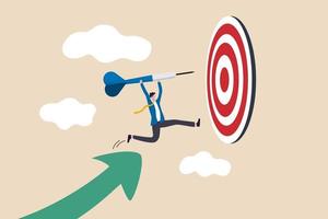 Business target achievement or success and reaching for target and goal concept, businessman leader holding dart running from rising graph arrow and jump to bullseye target to win in business strategy vector