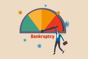 Company business bankruptcy due to Coronavirus economic crisis, COVID-19 pandemic causing debt and financial problem concept, businessman company owner holding max debt alert bankruptcy credit gauge. vector