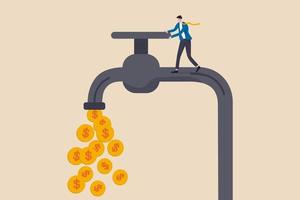 Cash flow, making profit from business or earning from stock investment concept, wealthy businessman business owner or investor opening water tap to let gold dollar coins money flowing out. vector