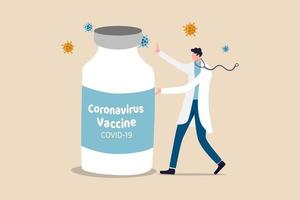 Coronavirus COVID-19 vaccine discovery, drug or medicine to heal COVID-19 disease concept, Doctor or medical researcher presenting Coronavirus vaccine big bottle with virus pathogen around. vector