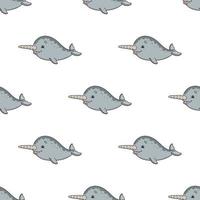 Colored seamless pattern narwhal. Cartoon style. Hand drawn. Vector illustration isolated on white background. For walpaper, poster, banner.