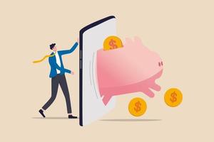 Fintech financial technology, banking mobile app for spending investment and saving concept, businessman investor standing with mobile application with wealthy pink piggy bank with money coins jumping vector