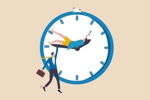 Work life balance, work overtime, people work late when work from home, personal time blend with working hours concept, tired businessman holding clock minute hand while same one sleeping on hour hand vector