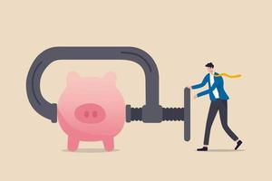 Business or company cut budget or squeeze and reduce spending due to business or economic crisis in COVID-19 Coronavirus recession concept, businessman using clamp to squeeze saving pink piggy bank vector