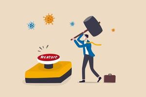 Restart business after Coronavirus COVID-19 lockdown, reopen company employee return to normal operation concept, businessman leader wearing face mask use huge hammer to hit emergency restart button. vector