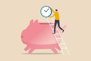 Time is money, people pay money to buy time that most important for success in financial goals concept, success man using ladder to climb and holding big clock or watch put into pink saving piggy bank vector