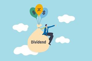 Dividend Stock investment return in financial crisis COVID-19 Coronavirus crash concept, happy businessman stock investor sitting on money bag with the word dividend floating with dollar sign balloons vector