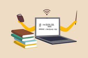 Online e-learning, teaching via internet course or study online at home in Coronavirus COVID-19 outbreak concept, computer laptop with math equation on display with hands as professor or teacher. vector