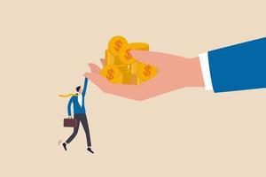 Bargain stock investment, employment in economic crisis, payment for employee or high risk high return in invest metaphor concept, businessman employee or investor holding big hand with money coins.