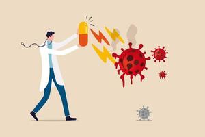 Coronavirus COVID-19 medicine or vaccine discovery, drugs to cure COVID-19 flu concept, doctor holding big tablet medicine or drugs with recovery effect to kill Coronavirus pathogen to melt to death. vector