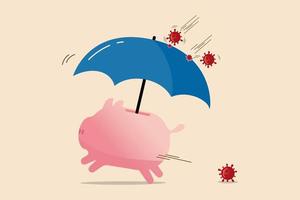 COVID-19 disease protection, Coronavirus insurance or financial and investment safety in Coronavirus pandemic crisis concept, piggy bank with protection umbrella to protect from virus pathogen impact. vector