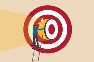 Secret to be success, business strategy to reach target or goal, objective or career challenge concept, businessman climbing up ladder to big dartboard or archery target and opening bullseye door. vector