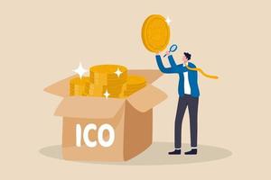 ICO, Initial Coin Offering process to create new crypto currency token to trade in market concept, businessman investor or coin creator picking new cryptocurrency coin and look into details. vector