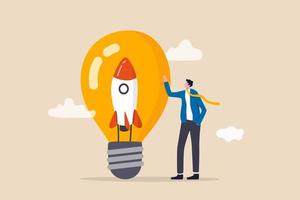 Entrepreneurship, setting up new business, motivation to create new business idea and make it success concept, businessman start up company owner standing with innovative rocket inside lightbulb idea. vector