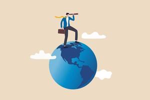 Globalization, global business vision, world economics or business opportunity concept, smart businessman standing on globe, planet earth using telescope to see vision or future opportunity. vector