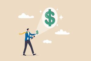 Make money or increase earning from investment, salary or income increase, profitability concept, businessman investor using flashlight aim at small dollar in his hand projecting big dollar money sign vector