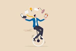 Productive master, productivity and project management skill, multitasking work and time management concept, skillful businessman riding unicycle juggling elements, laptop, calendar, ideas and emails. vector