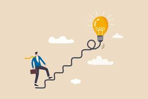 Creativity for business idea, thinking and brainstorm for new idea or opportunity, career path or goal achievement, businessman start walking on electricity line as stairway to big idea lightbulb. vector