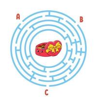 Circle maze. Game for kids. Puzzle for children. Round labyrinth conundrum. Color vector illustration. Find the right path. Education worksheet.