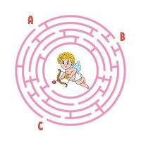 Circle maze cupid. Game for kids. Puzzle for children. Round labyrinth conundrum. Color vector illustration. Find the right path. Education worksheet.