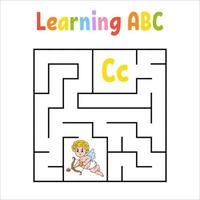 Square maze cupid. Game for kids. Quadrate labyrinth. Education worksheet. Activity page. Learning English alphabet. Cartoon style. Find the right way. Color vector illustration.